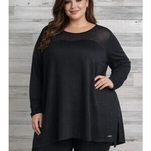 T Tahari Woman Plus Size Tunic 2X Mesh Rhinestones Long Sleeve Soft Stretchy Top